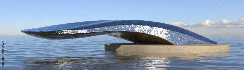 Poster a futuristic architectural structure emerging from the tranquil water surface