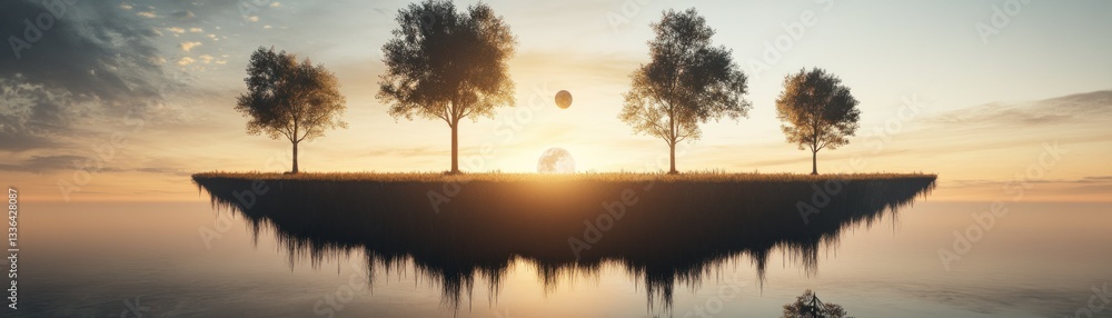 Poster a tranquil floating island scene with trees and a sunset glow