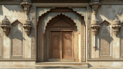 Detailed carved wooden door within ornate stone wall architecture