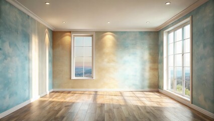 Fototapeta premium Empty room with pastel walls, hardwood floor, and sunlight streaming through large windows offering a serene and inviting atmosphere perfect for home design inspiration.