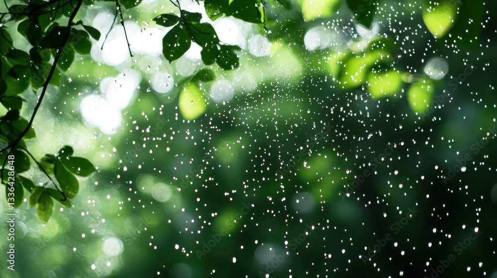 Poster sunlight streams through a forest canopy with light falling rain drops