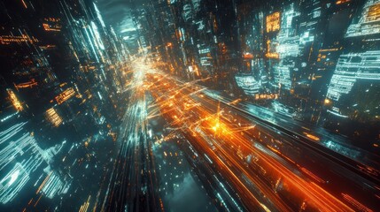Futuristic city street view, dynamic perspective, vibrant colors, night scene. Possible use Stock photo for futuristic, technology, or urban design concepts
