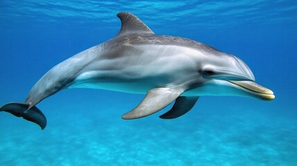 Fototapeta premium A beautiful dolphin swims peacefully through clear blue ocean water