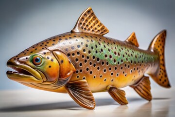 Exquisitely detailed brown trout ceramic figurine, realistically captured in stunning model photography.