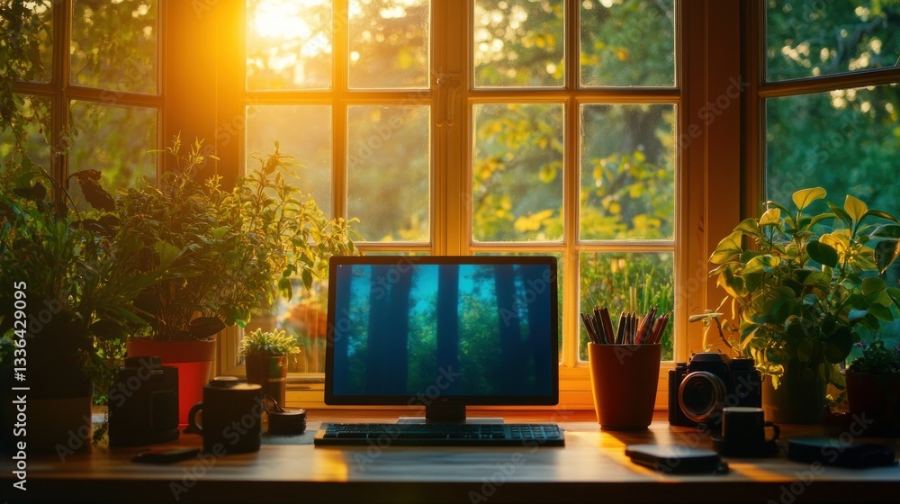 Poster a cozy workspace featuring plants and a computer near a window