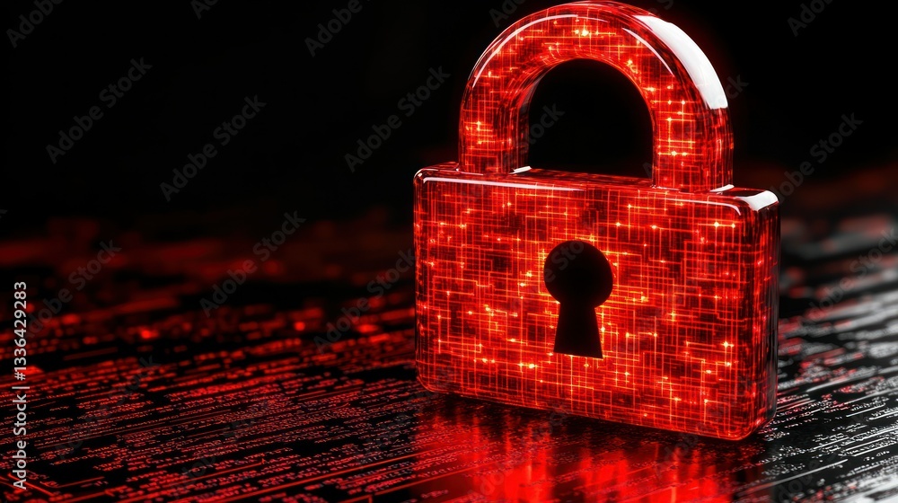 Poster a glowing red padlock sitting on a circuit board background