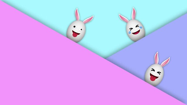 three crazy facial expression easter eggs on colorful background. egg hunt party animation. happy easter concept.