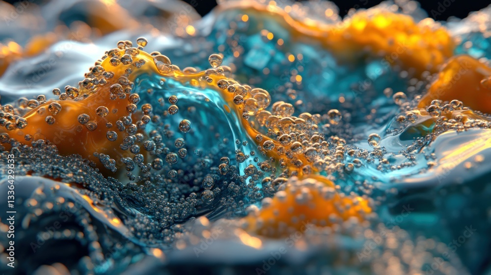 Poster abstract liquid forms with bubbles exhibit complex surfaces and colors