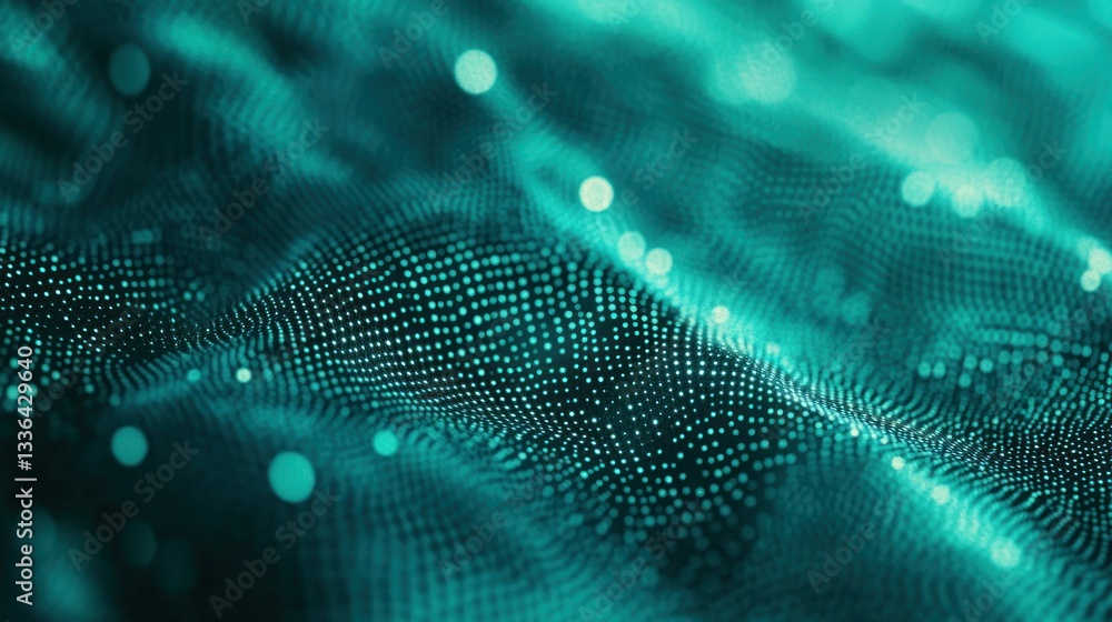 Poster abstract turquoise network of glowing dots forming wavy textures