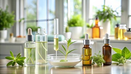 Aromatherapy Wellness Collection Natural Essential Oils in Glass Bottles and Test Tube with Fresh Herbs on a Tabletop