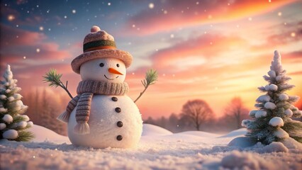 Obraz premium A cheerful snowman stands in a snowy landscape at sunset, adorned with a cozy hat and scarf, small evergreen trees dusted with snow, and a peaceful winter scene.