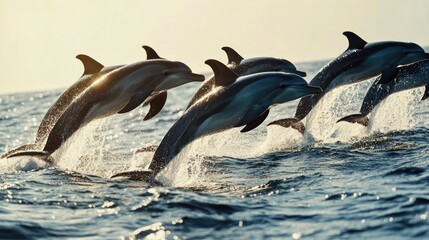Obraz premium A pod of dolphins leaping gracefully from the water in a tracking shot