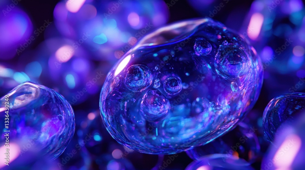 Poster many spheres of glowing water with tiny bubbles are visible here