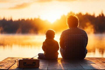 A serene scene of a father and son fishing from a wooden dock at sunrise, with mist rising off the lake and a tackle box nearby
