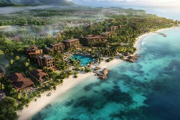 Fototapeta premium stunning image displays a balanced blend of a lush paradise and grand sea featuring a captivating shore retreat graced with verdant palms and a calm junction of earth and water 