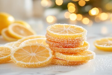 A small stack of candied lemon slices arranged artfully on a marble counter, with sugar sparkling on their surface