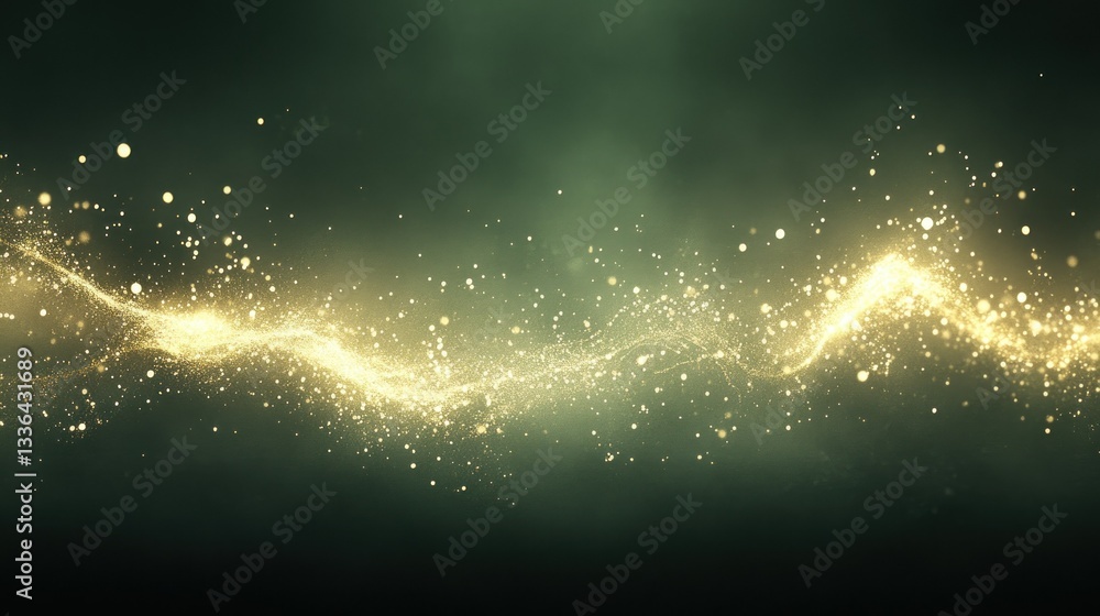 Poster glowing golden particles forming a wavy horizontal stream of light