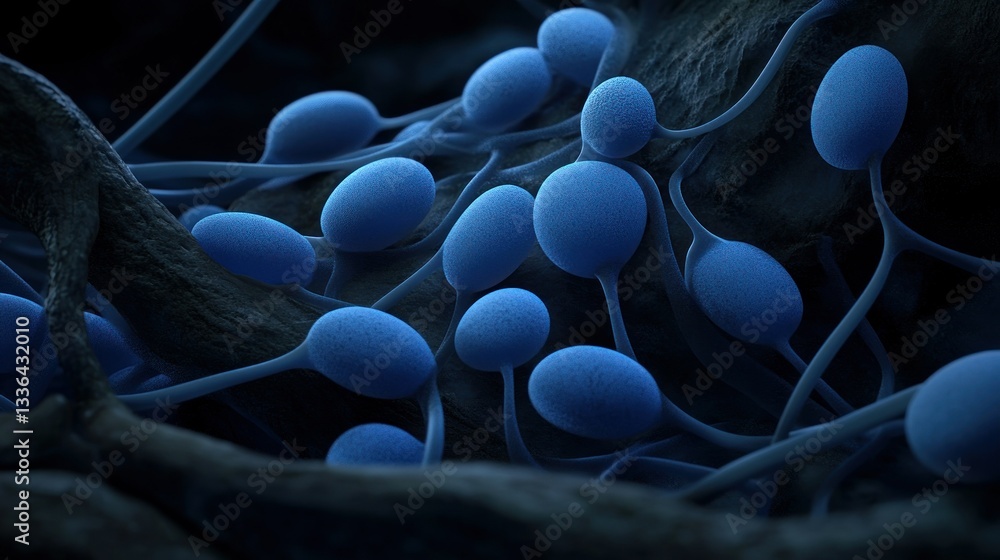Poster microscopic close up of blue structures and fibrous textures