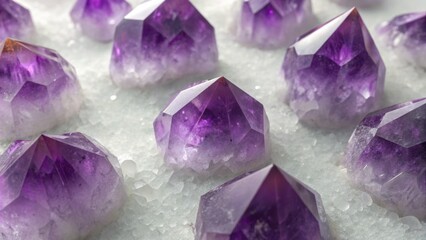 Fototapeta premium Macro lucky gems Purple crystals arranged on a light surface glisten beautifully. Lucky stone jewelry.