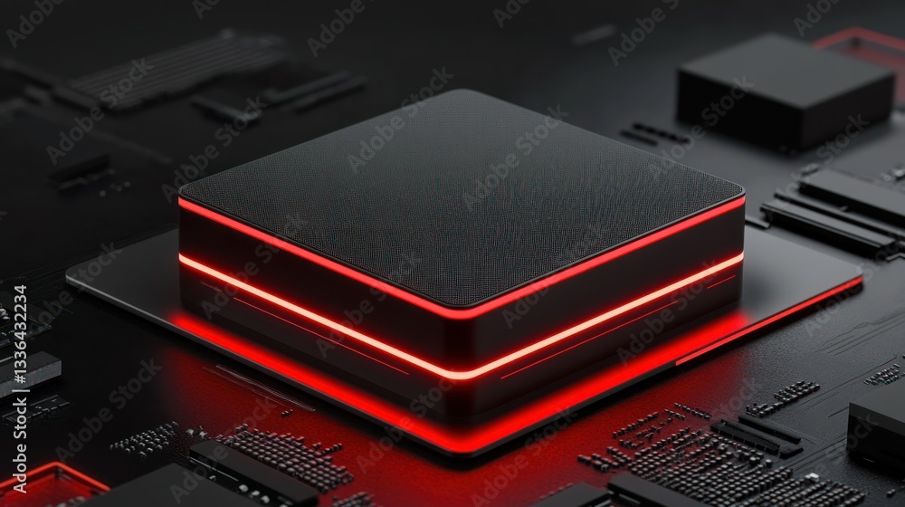 Poster A futuristic electronic circuit component with red illuminated edges