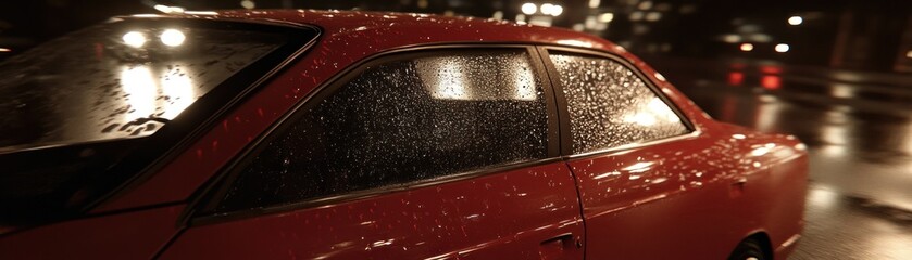 A red car is parked during a rainy night at the city