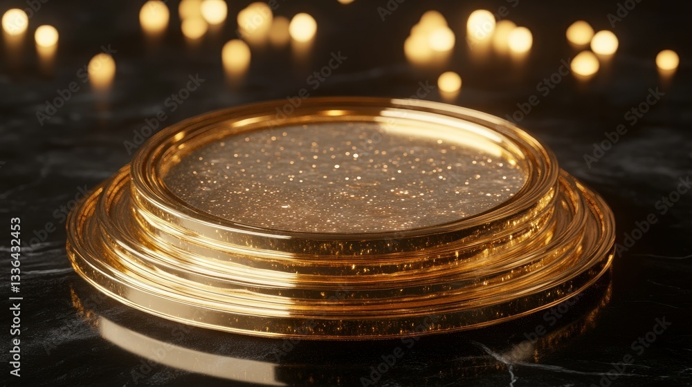 Poster A golden layered circular platform is featured in this elegant design