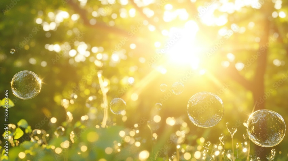 Poster sparkling bubbles floating above lush greenery in the sunlight
