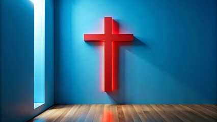 Naklejka premium A glowing red cross affixed to a vibrant blue wall within a minimalist interior space featuring a hardwood floor and a subtle light source