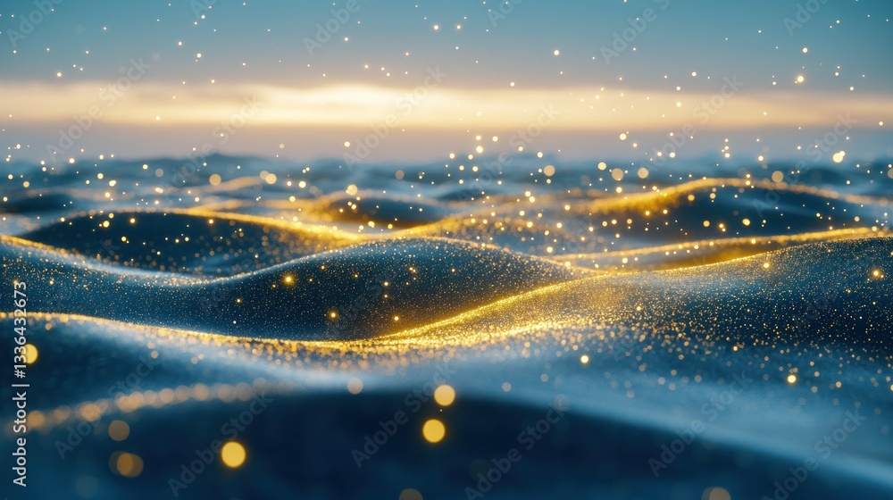 Poster glowing particles illuminate a dreamy landscape of textured undulations and a sky