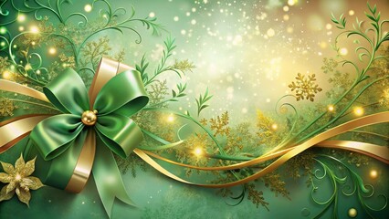 Elegant Green and Gold Festive Bow with Sparkling Winter Flora