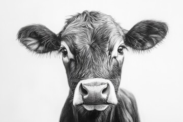 A realistic cow portrait drawn in charcoal, a minimalist composition on a white background with detailed eyes, nose texture and soft shading techniques