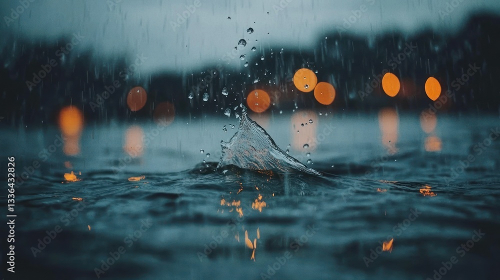 Poster Raindrops creating a splash of water with blurry bokeh lights