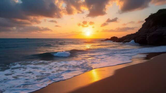 The golden sunset casts a warm glow over the ocean waves, gently washing onto the sandy shore. The sky is painted with hues of orange and pink, while the rocky cliffs add a dramatic contrast to the se