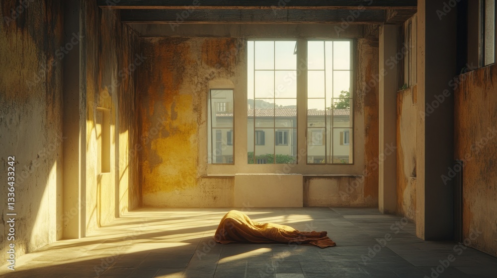 Poster an old interior with natural light and a draped object inside