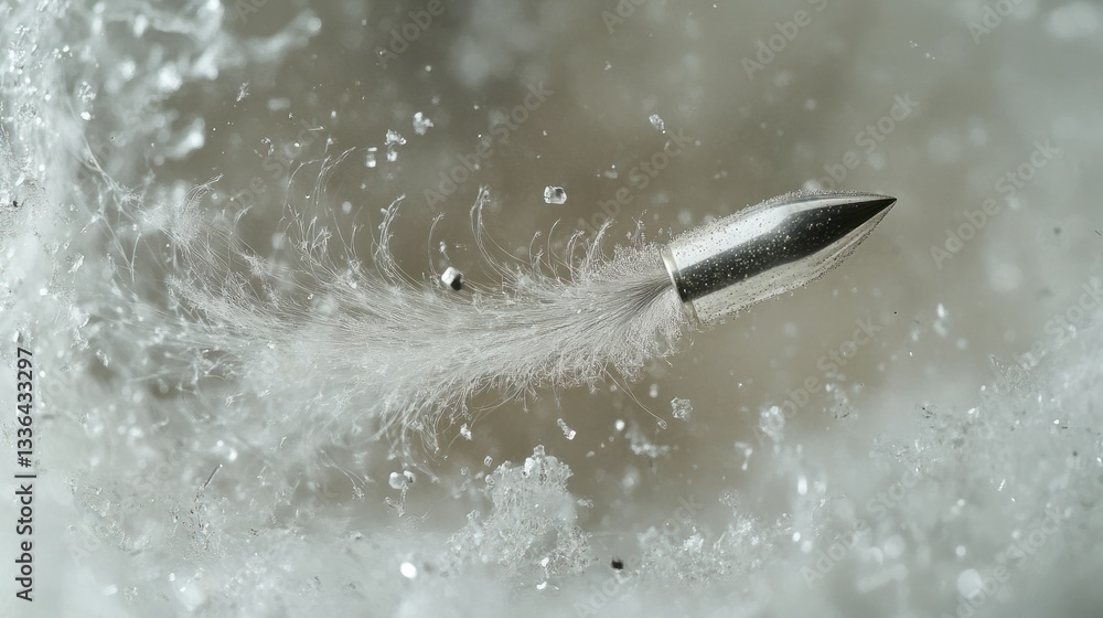 Poster A metallic bullet appears merged with white delicate feathers softly