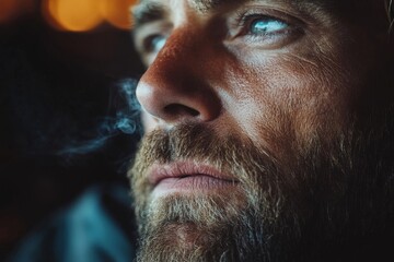 a close-up portrait of a bearded man smoking, with a pensive expression.