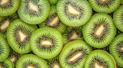 Close-up of a group of sliced kiwi fruit. the slices are arranged in a circular pattern, with each slice overlapping the one below it.