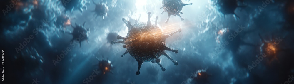 Poster illustrative visualization of numerous microscopic viral particles in a field
