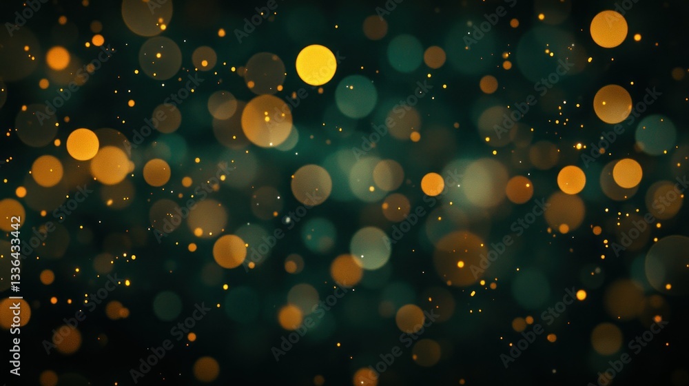 Poster Shiny golden and teal circles floating on a dark background