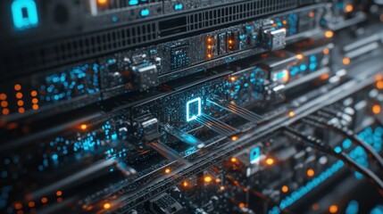 A detailed photograph showing server computer components in operation