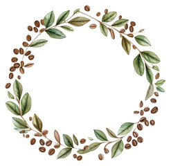 Fototapeta premium PNG Coffee beans and leaves circle border pattern wreath plant.