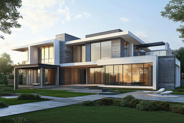 Modern minimalist luxury house with large glass windows and sleek architectural design in a green landscape