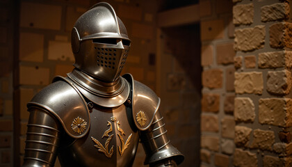 Fototapeta premium Medieval knight armor showcased in dimly lit room, historical elegance