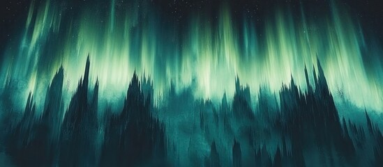 An abstract painting depicting illuminated skies above mountain silhouettes