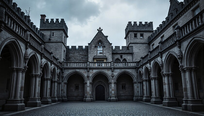 Obraz premium Gothic castle courtyard with archways under moody sky, dark ambiance