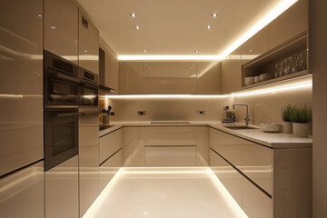 Modern kitchen with warm ambient lighting and minimalist design