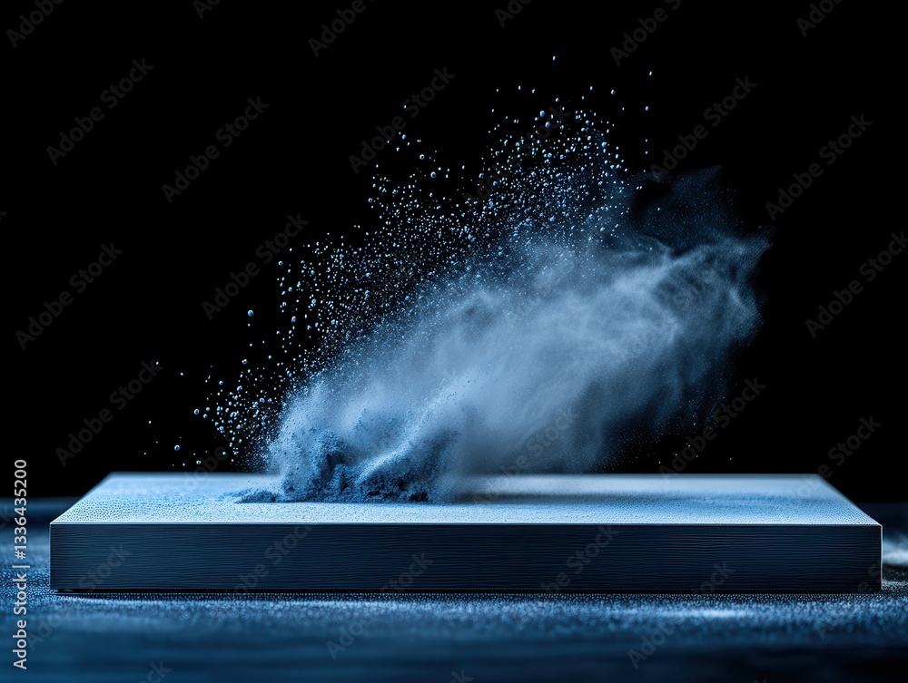 Poster blue powder explodes from a rectangular surface against a dark background