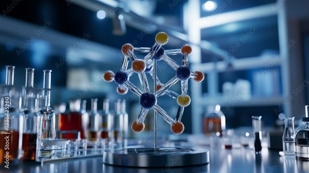 Poster exploring advanced dna molecule model modern lab scientific visualization high-resolution environmen