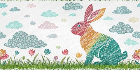 Minimalist Easter Bunny Silhouette Line Art, Scribble Texture, Easter Background, Spring Holiday Design