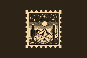 Vintage postage stamp with a desert scene, mountains, and cactus © Victoria